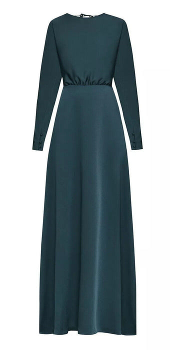 BCBGMAXAZRIA Satin Draped Back Maxi Dress In Light Carbon Blue Size 6 $428 NWT