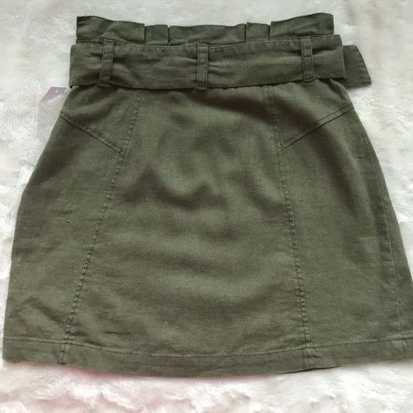 NEW BP Belted Linen Blend Paper Bag Waist Mini Skirt in olive size XS