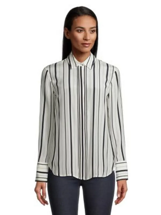 Club Monaco Long Sleeve Tonal Edge Striped Silk Shirt In Black/White Size L NWT