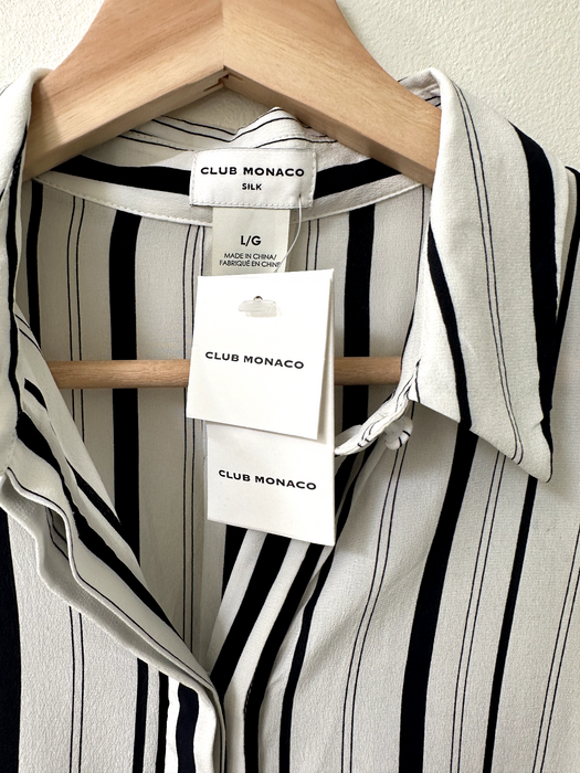 Club Monaco Long Sleeve Tonal Edge Striped Silk Shirt In Black/White Size L NWT