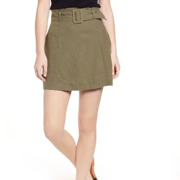 NEW BP Belted Linen Blend Paper Bag Waist Mini Skirt in olive size XS