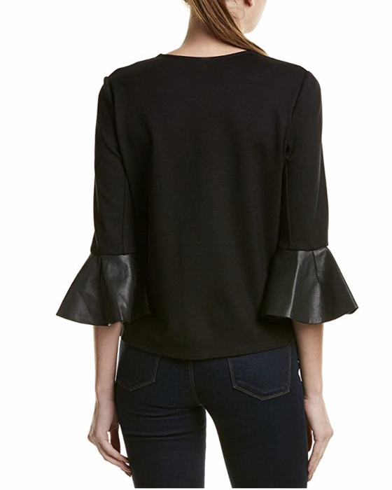 BCBGMAXAZRIA Valari Knit Top Faux Leather Ruffle Sleeve In Black Size M $190