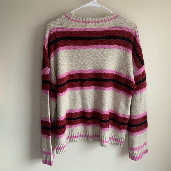 BP Women's Long Sleeve Peppy Sweater Beige Medium Heather Pink Striped Size M