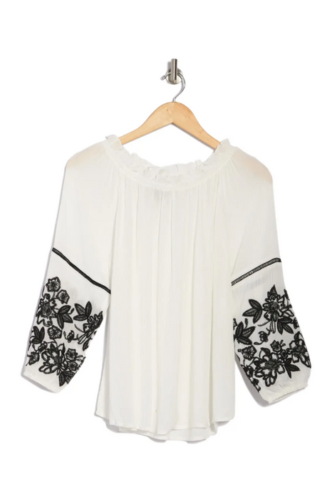 LIV Los Angeles Embroidered Off-the-shoulder Peasant Blouse In White size M