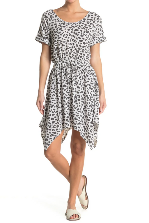 Susina Short Sleeve Leopard Print Tie Waist Dress In Off White Black Leopard S