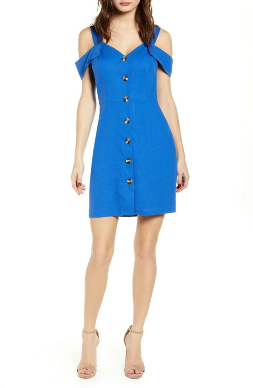 Love, Nickie Lew women's Cold Shoulder Button Front Royal Blue Dress Size M