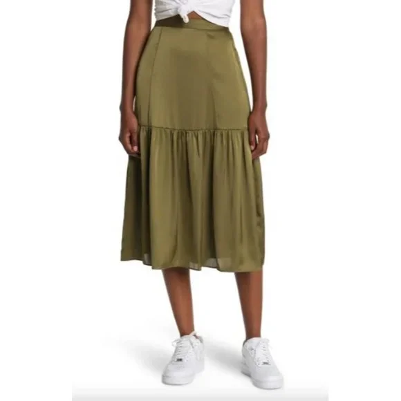 Topshop Khaki Green Satin Tiered Midi Skirt Size 6