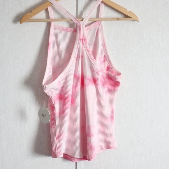 NIA Women's Tank Top Criss-Cross Back Tie-Dye Print  Pink Size L