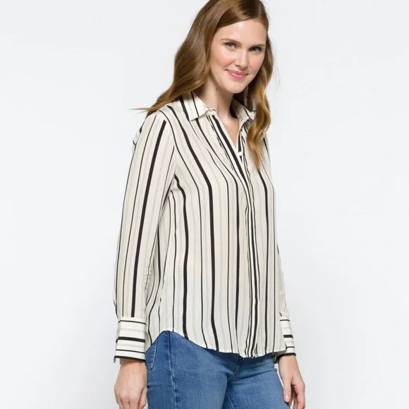 Club Monaco Long Sleeve Tonal Edge Striped Silk Shirt In Black/White Size L NWT