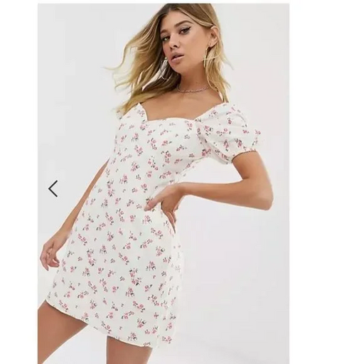 Melloday Women's Sweetheart Neck Puff Sleeve A-Line Mini Dress In Cream Floral S