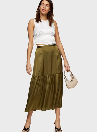 Topshop Khaki Green Satin Tiered Midi Skirt Size 6