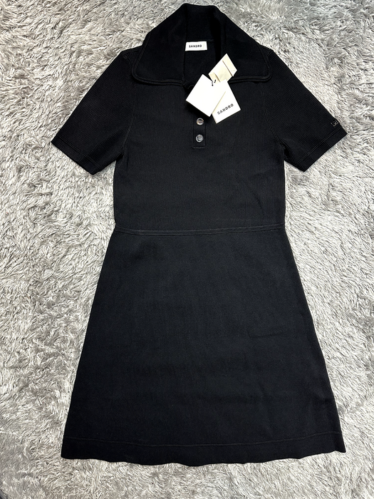 Sandro  Cordoba Ribbed Knit Polo Dress in black size 40