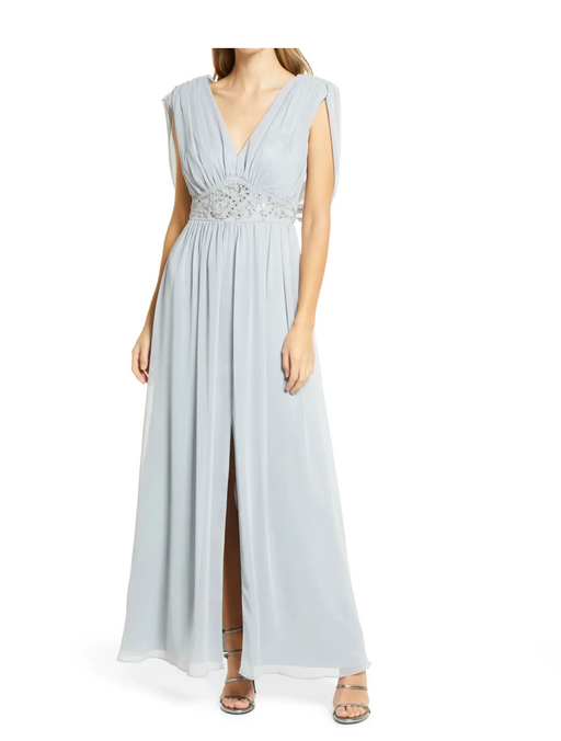 Eliza J Women  Embellished Sleeveless V-neck maxi  Dress In Silver Size 8 $198
