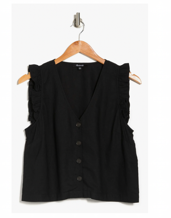Madewell Ruffled Button Front Linen Blend Top In Black Size 12