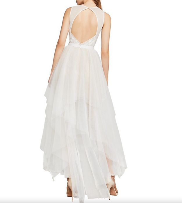 BCBGMAXAZRIA Riese Long Tulle Tiered Lace Gown Dress In Off White Size 6 $600