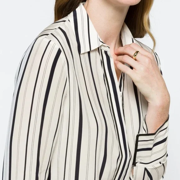 Club Monaco Long Sleeve Tonal Edge Striped Silk Shirt In Black/White Size L NWT