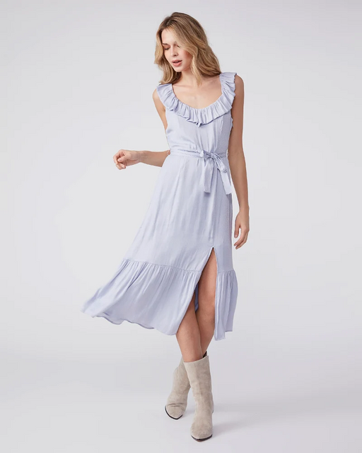 PAIGE Women's Kiara Sweetheart Side Slit ruffle Dress size L in blue