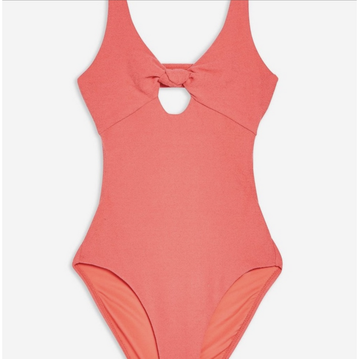 TOPSHOP Knot Velour One-Piece Swimsuit Coral Peach Pink size 2 fits as 0 NWT