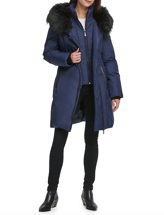 DKNY Women's Faux Fur Trim Puffer Jacket In Navy Size S $350