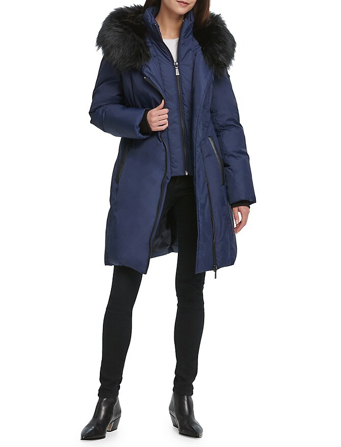DKNY Women's Faux Fur Trim Puffer Jacket In Navy Size S $350