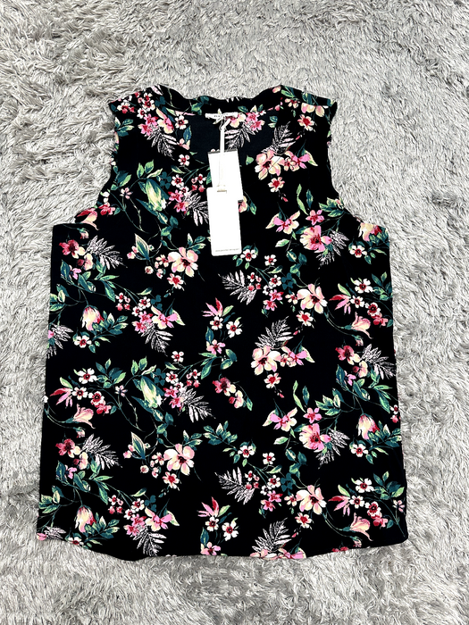 Pleione Size S Black Floral Sleeveless Scalloped Neck Top in black tropical