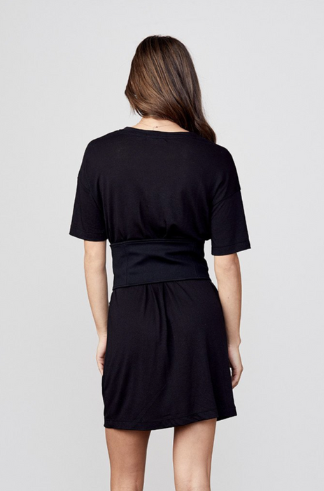 David Lerner V-Neck Corset Belted T-Shirt Dress In Black Size S