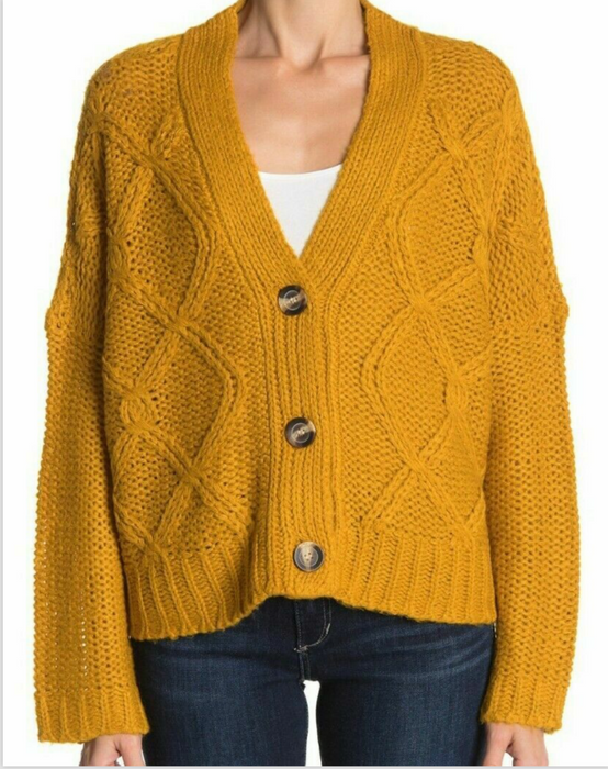 RDI women's Cozy Fisherman Cable Knit Cardigan Button Front Gold Yellow size S