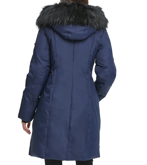 DKNY Women's Faux Fur Trim Puffer Jacket In Navy Size S $350