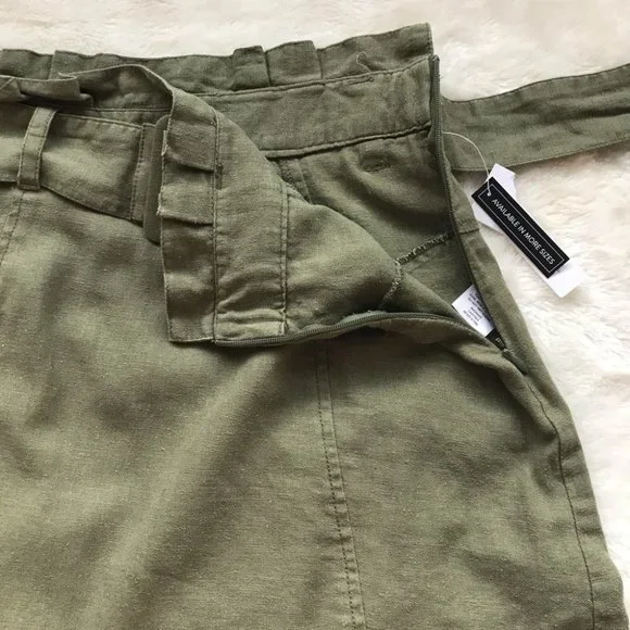 NEW BP Belted Linen Blend Paper Bag Waist Mini Skirt in olive size XS