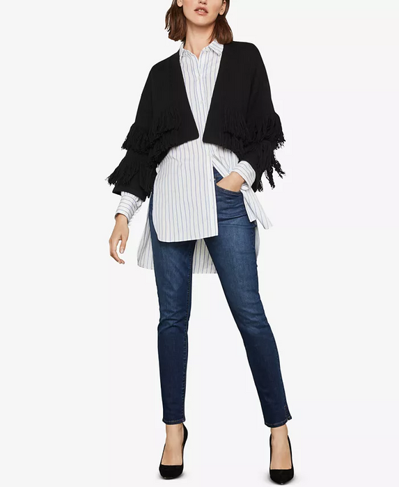 BCBGMAXAZRIA Women's Fringe Trimmed Open Cropped Cardigan In Black Size M $260