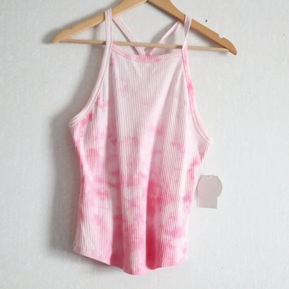 NIA Women's Tank Top Criss-Cross Back Tie-Dye Print  Pink Size L