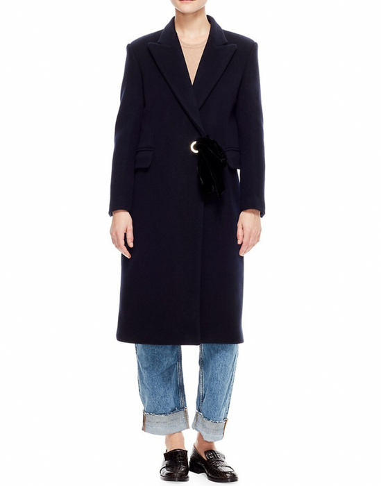 Sandro Women's Wool Blend Peak Lapel Velvet Tie Coat Navy Size 4 US / 36 FR $910