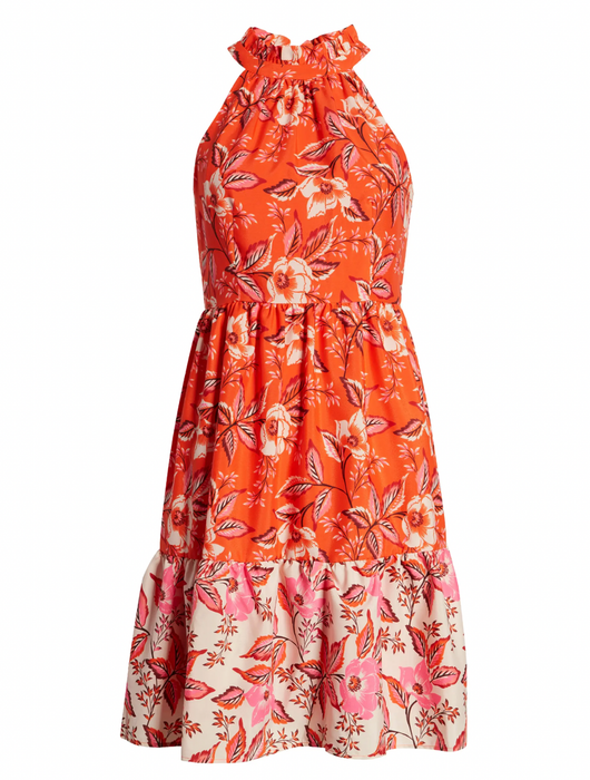 Eliza J Floral High Neck Fit & Flare Dress In Orange Size 4