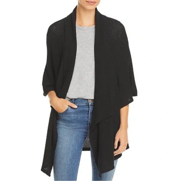 STATUS by CHENAULT Textured Cascade Front 3/4 sleeve Cardigan large in black $68