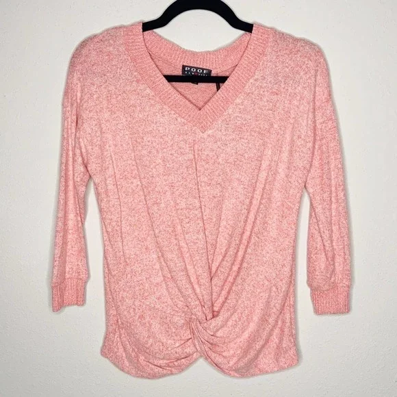 Poof NY women's Pastel Pink V-neck Twist Front  3/4 Sleeve Sweater size M $44