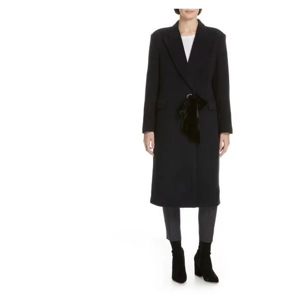 Sandro Women's Wool Blend Peak Lapel Velvet Tie Coat Navy Size 4 US / 36 FR $910