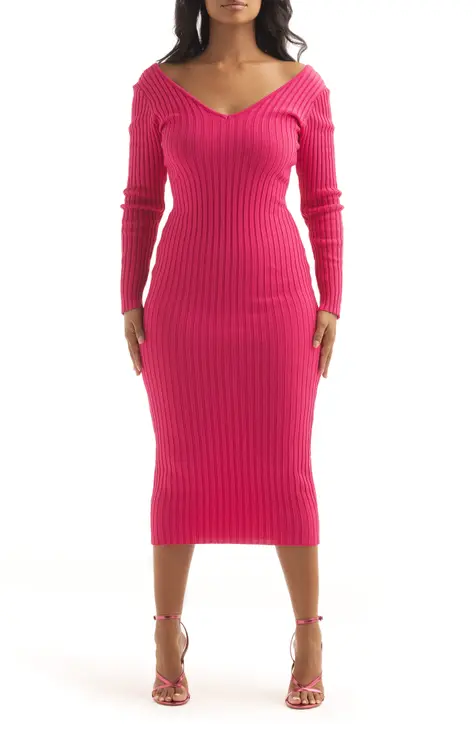 Nichole Lynel The Label Rib Long Sleeve Bodycon Cocktail Dress Hot Pink Size M