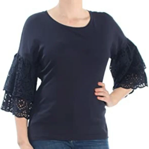 DKNY Women's Navy Blue Bell Sleeves Eyelet Lace Top size XL