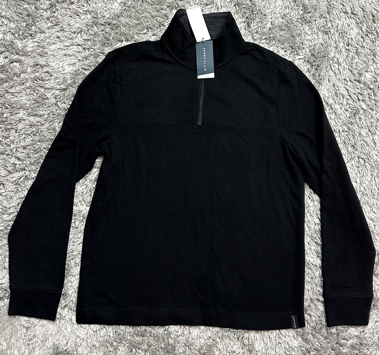 Perry Ellis Mesh Quarter-Zip Rib-Knit Sweatshirt In Black Size M