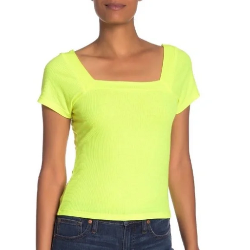 Good Luck Gem Women's Ribbed Square Neck Tee Shirt In Neon Yellow Size M