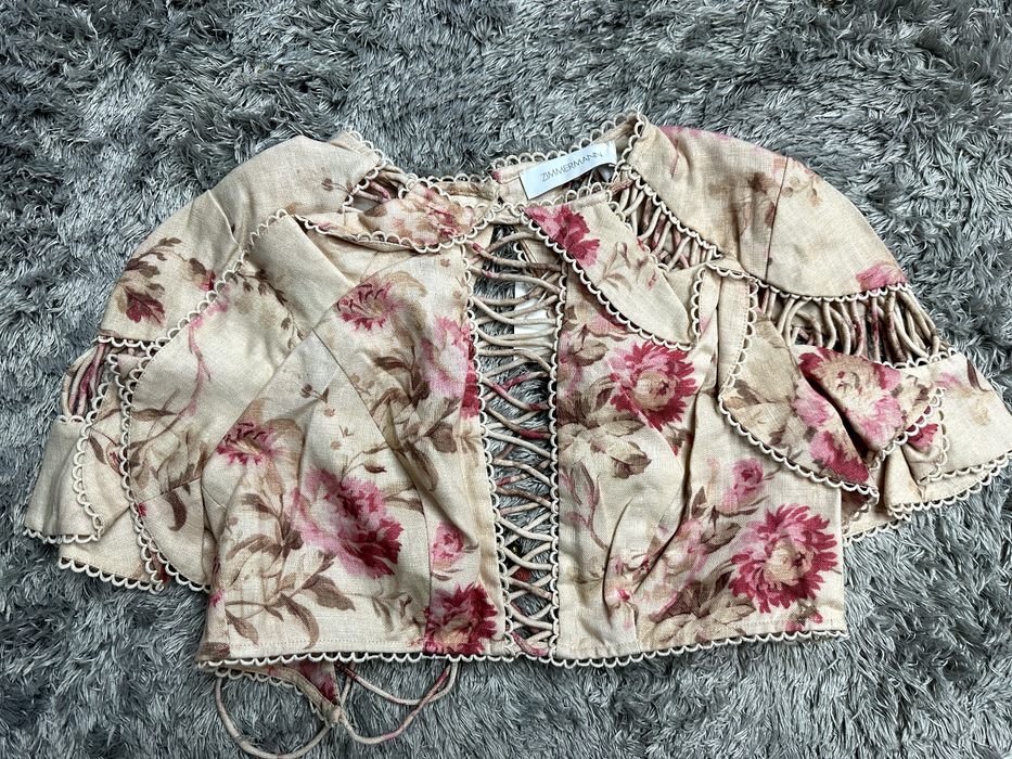 Zimmermann Corsair Flutter Lace Up Crop Top In Cream Floral Size 1 (US 6)