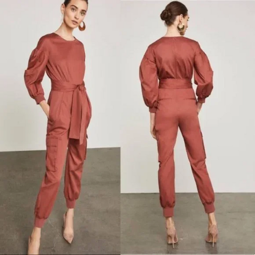 BCBGMAXAZRIA Pleated Cotton Jumpsuit Cargo Pockets Tandoori Spice Size XXS $348