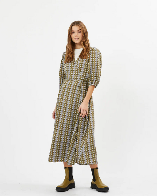 Minimum Elmina Checked Wraparound Midi Dress Military Olive Size 34 $108