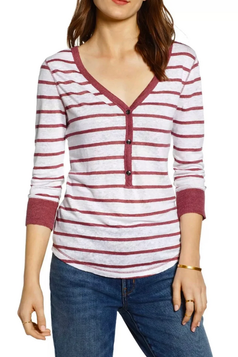 Treasure & Bond women’s 3/4 sleeve white rust striped linen henley top size XL