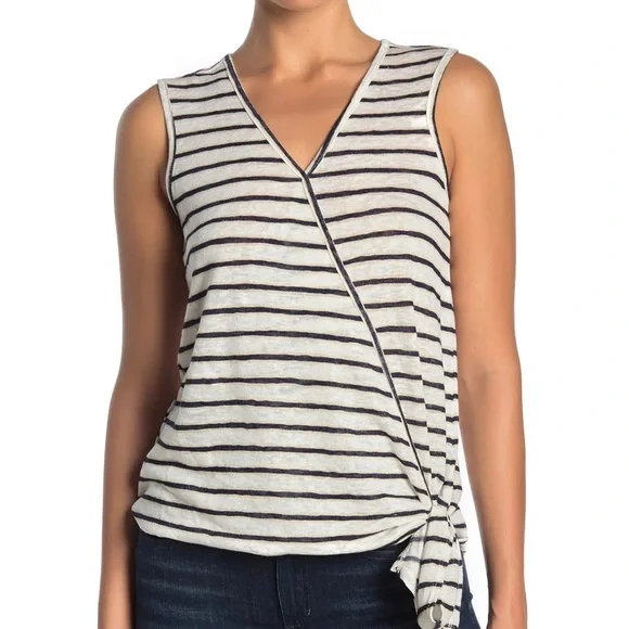 BOBEAU women's L Faux Wrap Side Tie Tank In White/navy/taupe sleeveless v neck