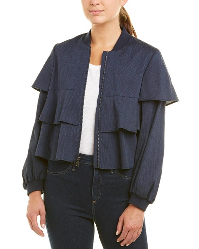 BCBGMAXAZRIA Women's Pinstripe Tiered Jacket Full Zip Ruffle Sleeve Navy XS $358