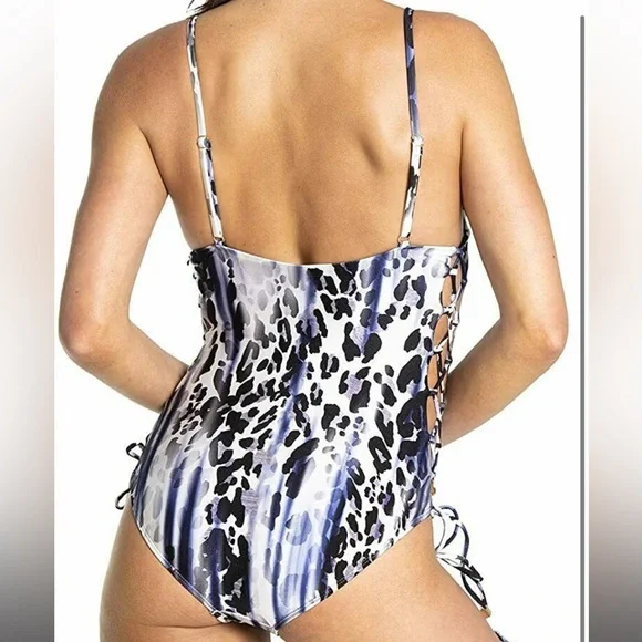 RACHEL Rachel Roy Punk Leopard-Print Side-Laced One-Piece Swimsuit Size S $119