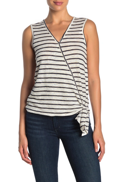 BOBEAU women's L Faux Wrap Side Tie Tank In White/navy/taupe sleeveless v neck