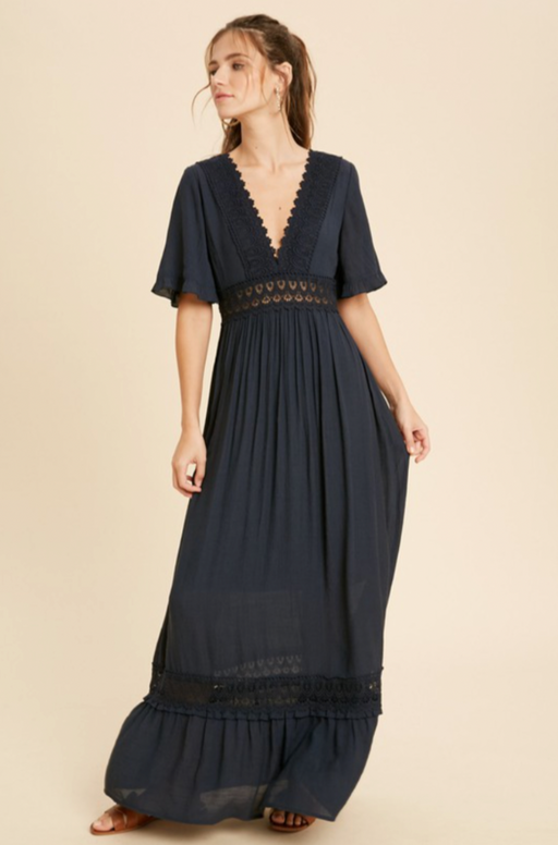Wishlist Apparel Woman's Crochet Trim Maxi Dress In Black Size M $130