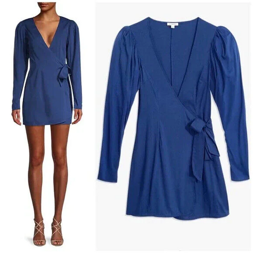 Weworewhat women Blanca Wrap long sleeve v neck Dress: Size XS Blue